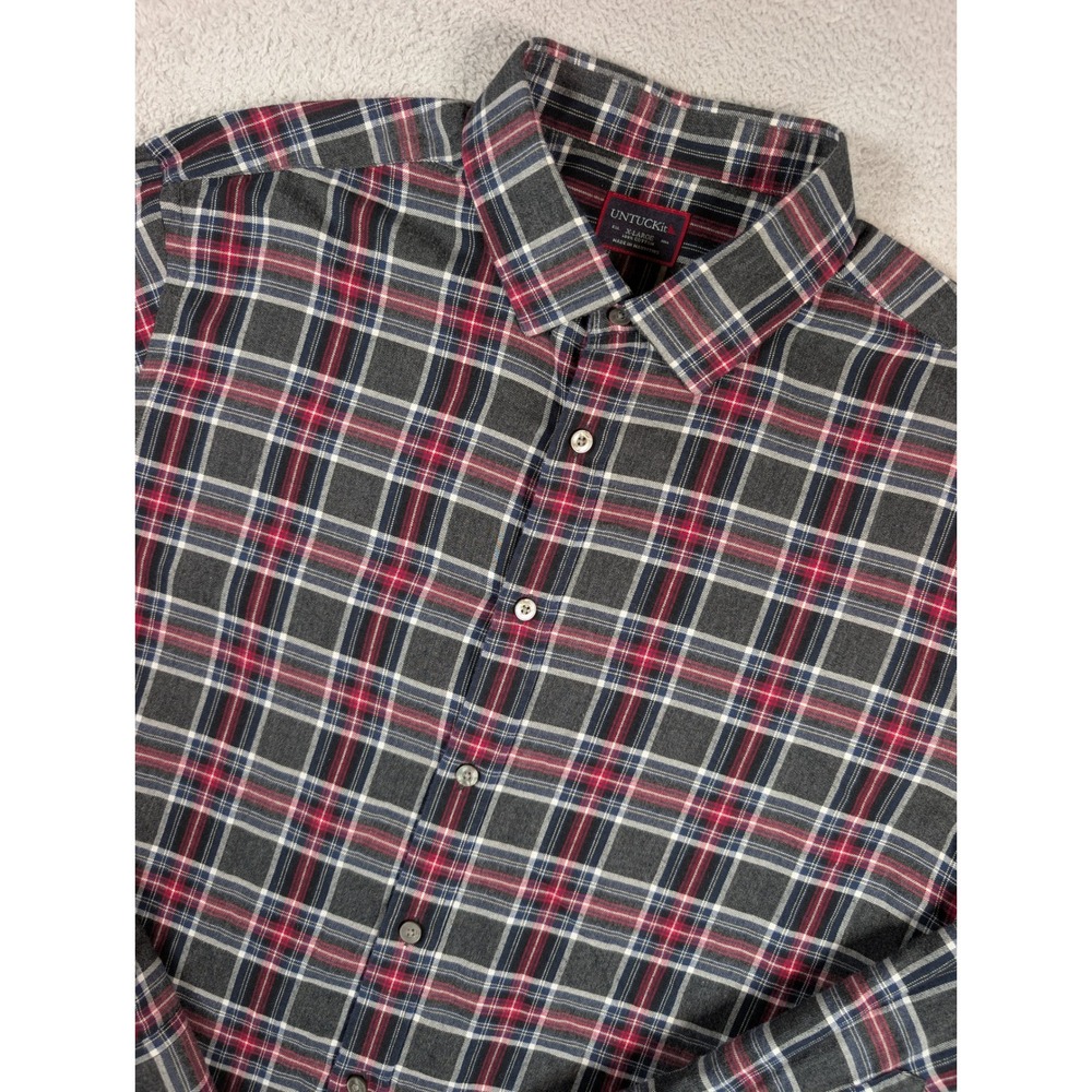 UNTUCKit Mens XL Long Sleeve Plaid Button Down Shirt Grey Red Cotton